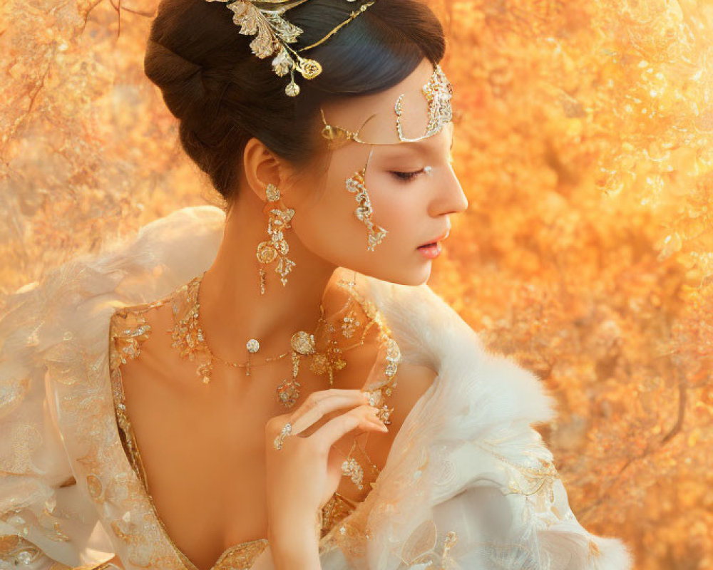 Woman in white feathered outfit with golden jewelry against autumn backdrop