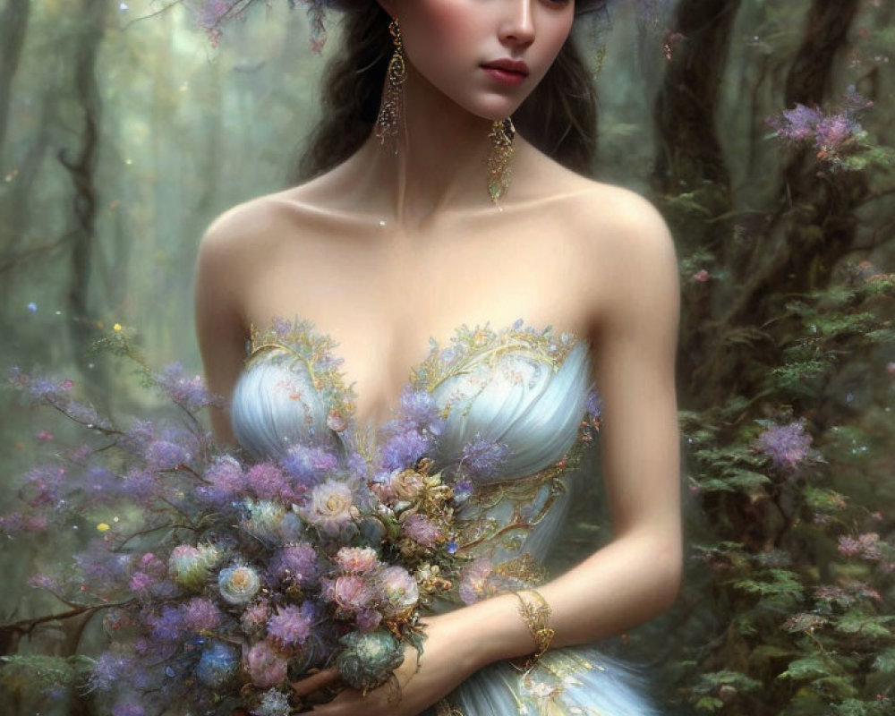 Woman in ethereal gown with flowers in misty forest