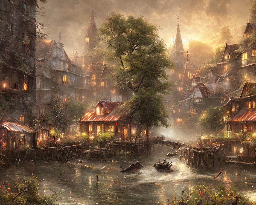 Fantasy village scene: glowing windows, gentle river, rustic bridges, boats, golden light