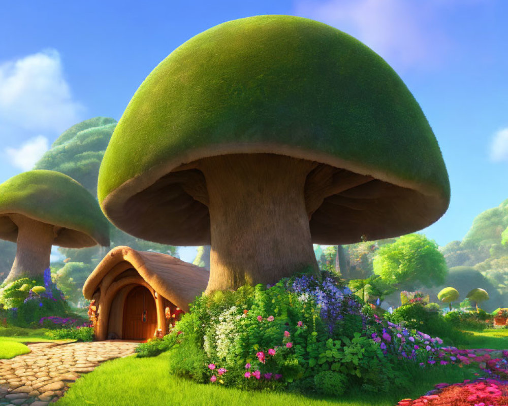 Whimsical animated image of mushroom-shaped house in vibrant garden