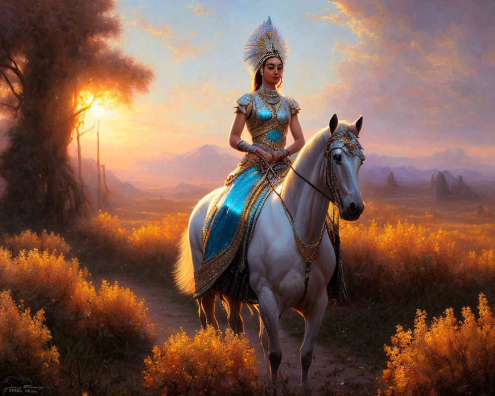 Warrior woman in ornate armor on white horse at sunset in golden flower field