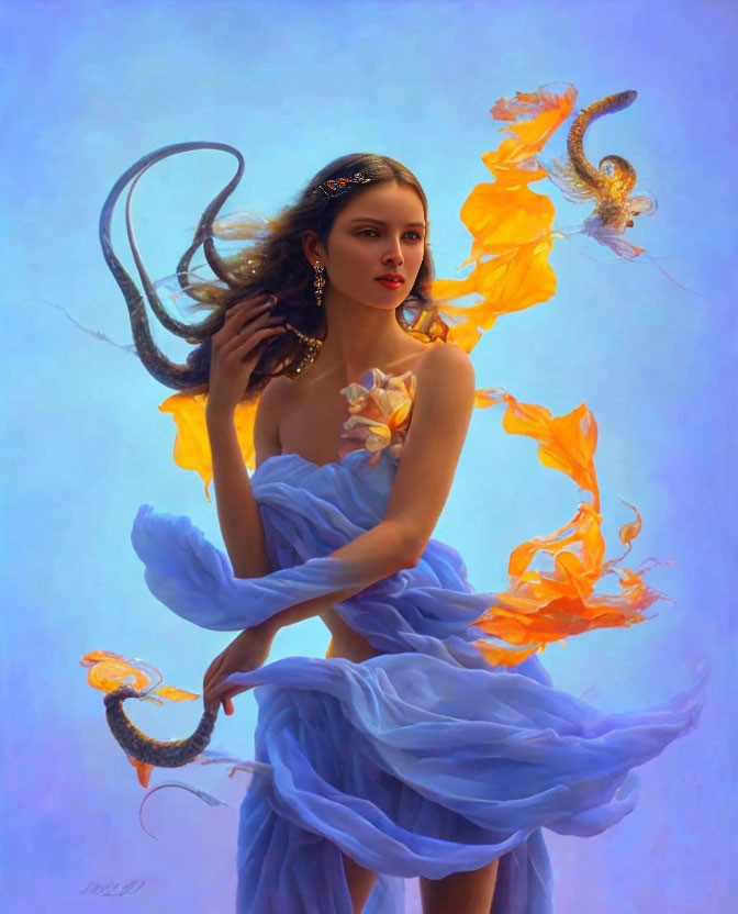 Woman in Blue Dress with Golden Flowers and Ethereal Flames on Soft Blue Background