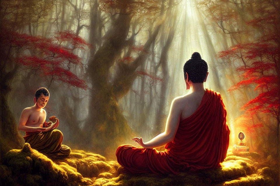 Peaceful meditation scene in sunlit forest with red foliage