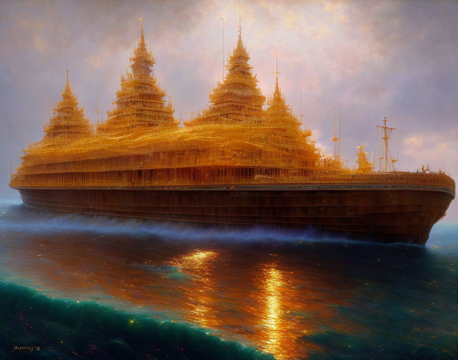 Golden ship with ornate towers sailing on calm sea under sun reflection