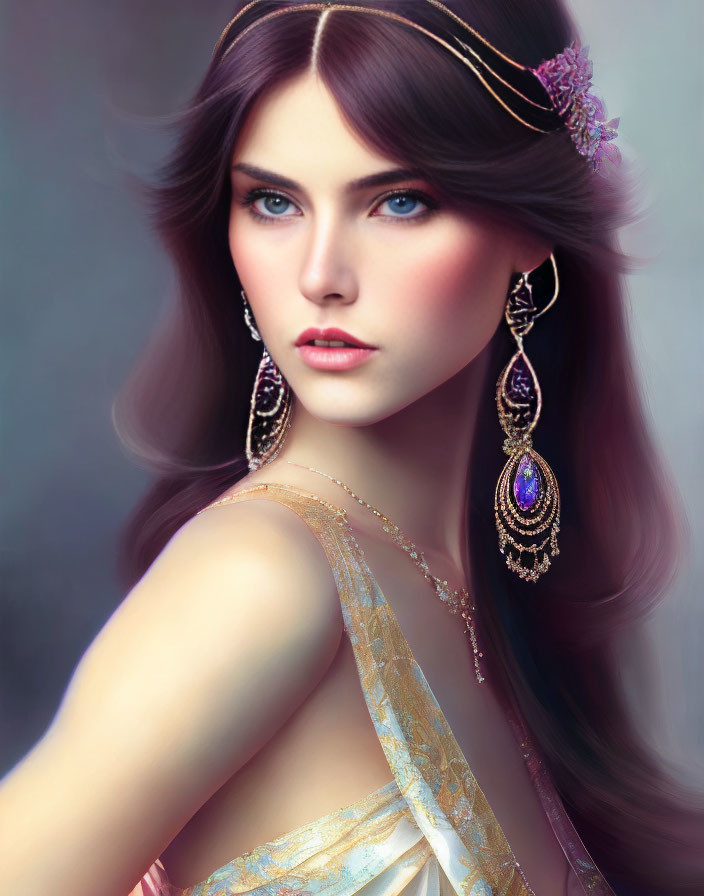 Detailed Digital Portrait of Woman with Long Brown Hair and Striking Blue Eyes