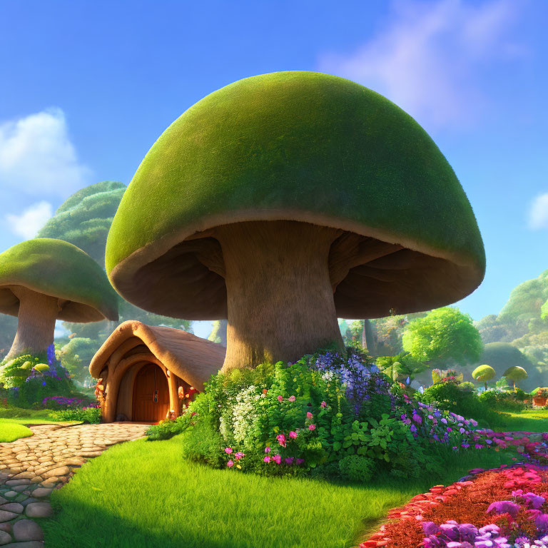 Whimsical animated image of mushroom-shaped house in vibrant garden