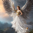 Majestic female figure with angelic wings in golden-white gown holding a scepter