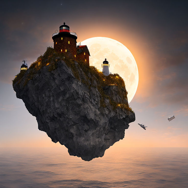 Floating Island with Lighthouse, Moon, Plane in Dusky Sky