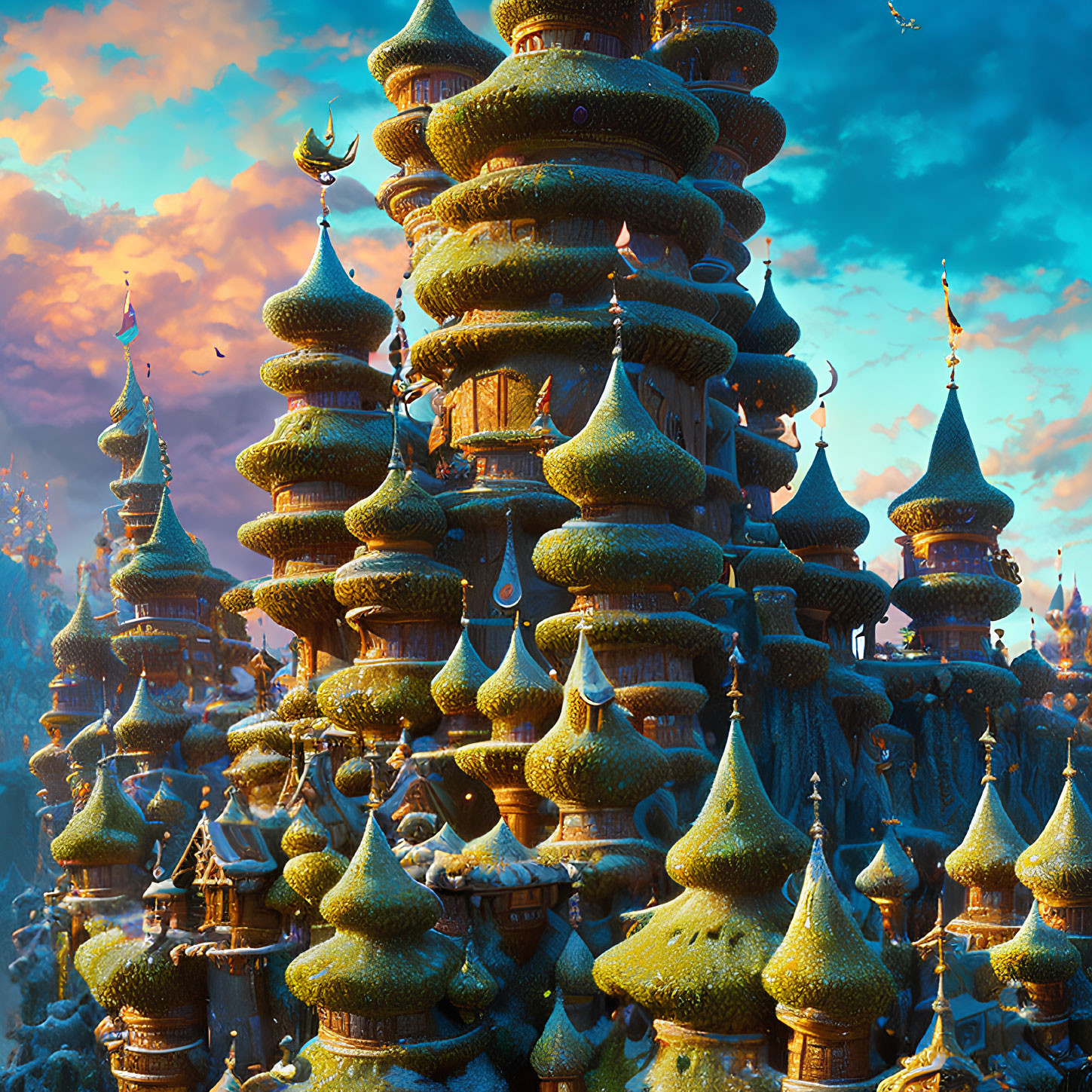 Intricate tower-like buildings in a fantastical cityscape at sunset