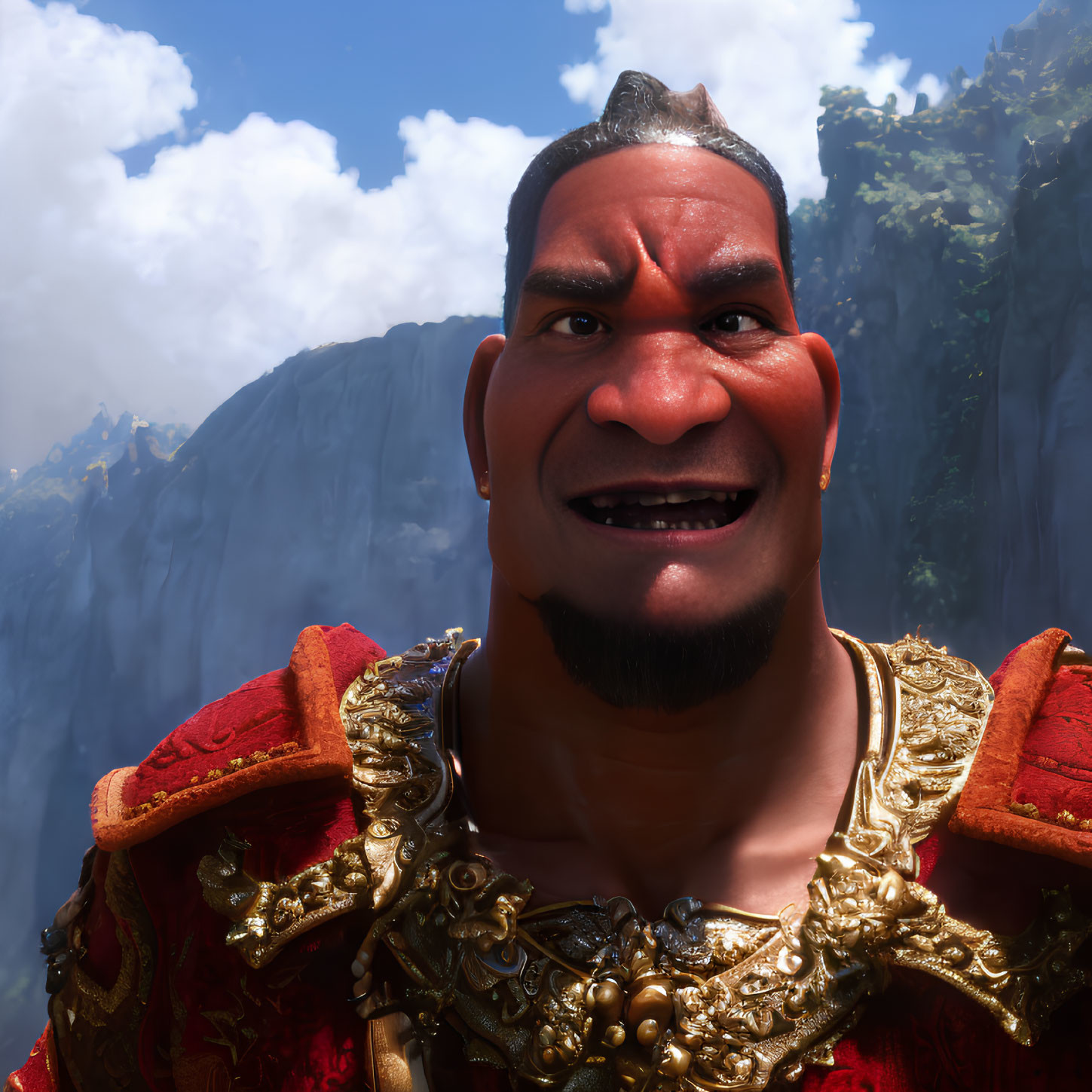 Muscular 3D Animated Character in Red and Gold Outfit with Mountain Backdrop