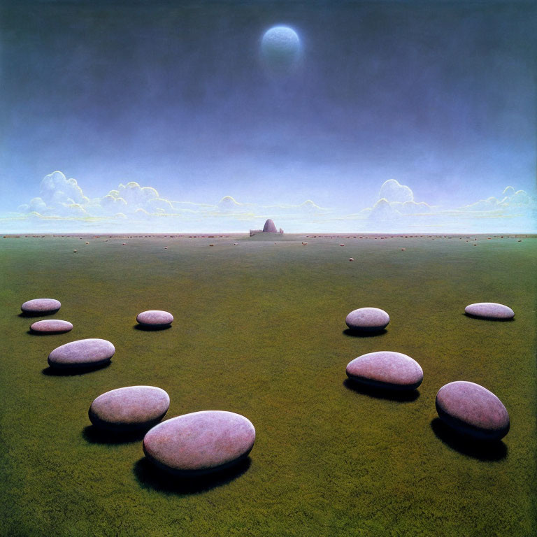 Surreal landscape with oversized pebbles, grass, clouds, building, and moon