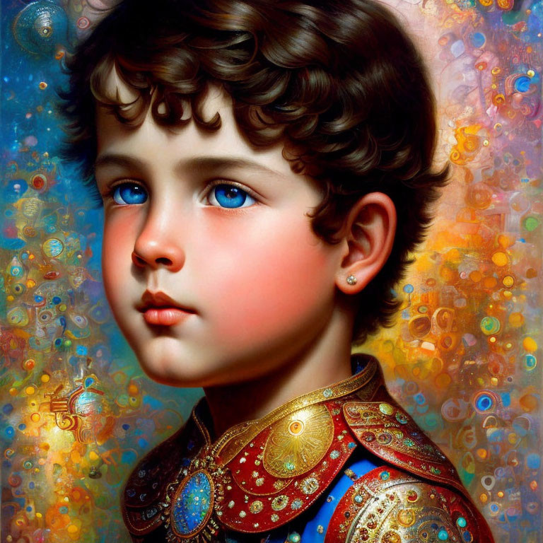 Child portrait with cherubic features and curly hair in ornate costume against vibrant, abstract backdrop
