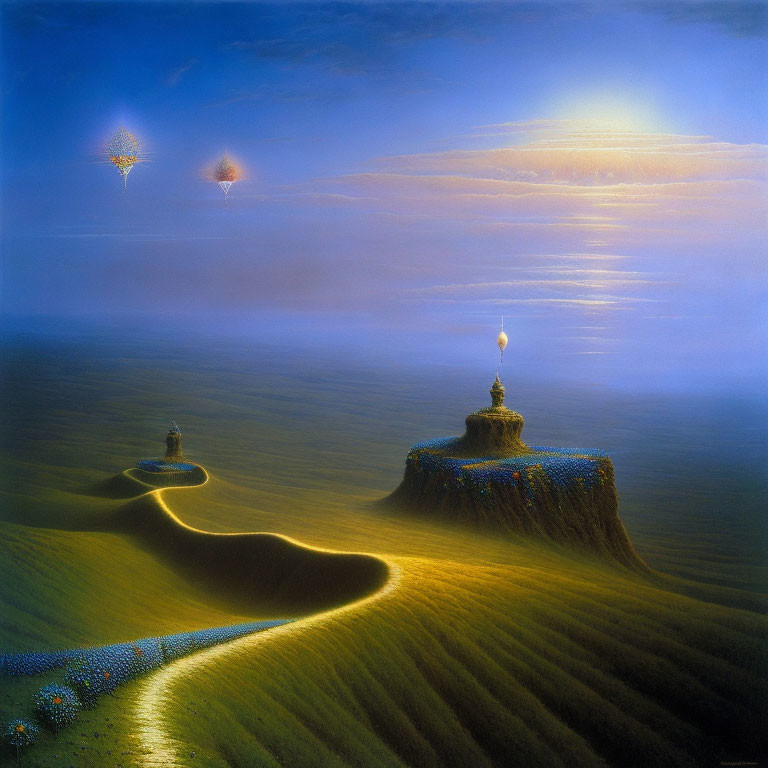 Surreal landscape with winding path to illuminated lighthouse
