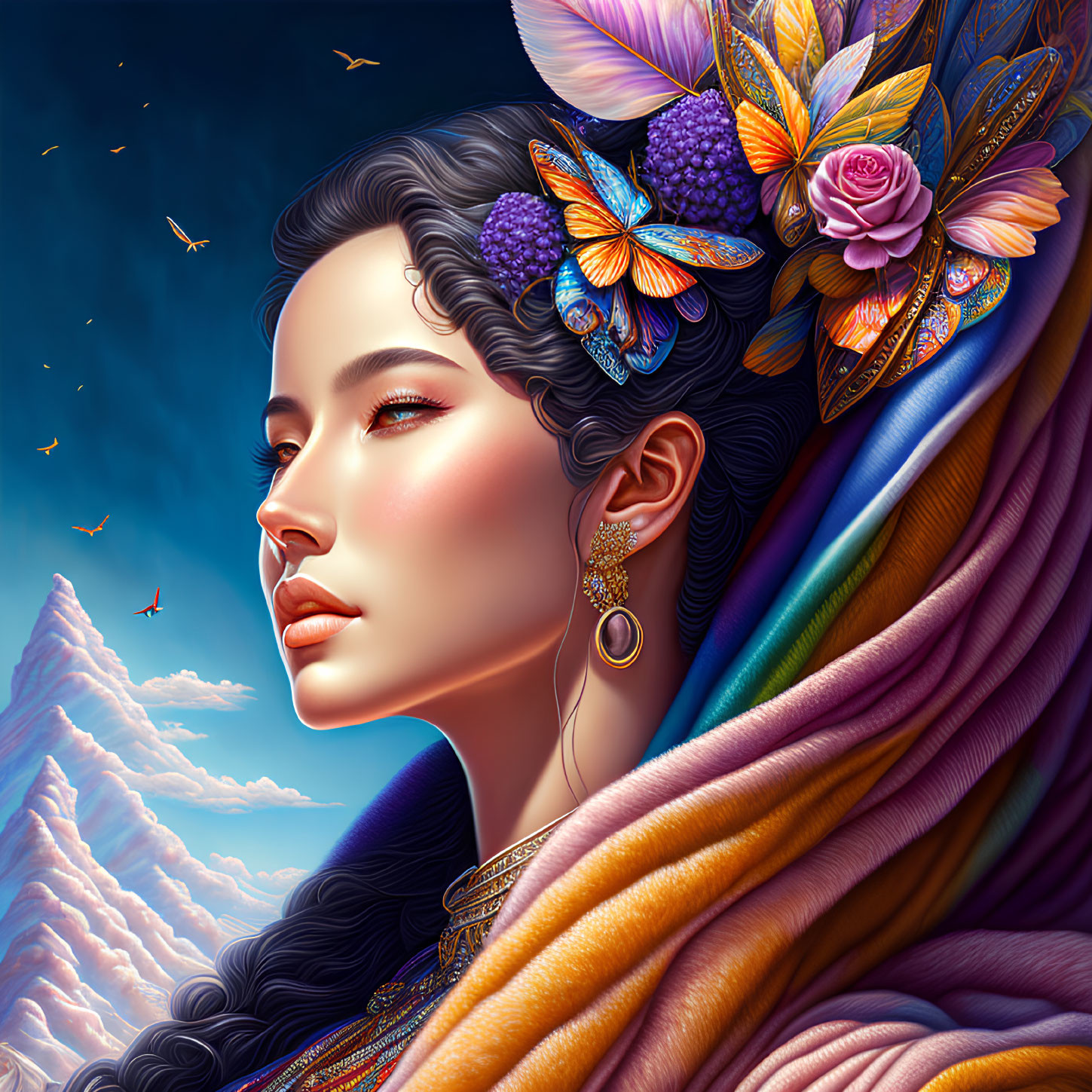 Colorful Digital Artwork of Woman with Floral Hair Adornments