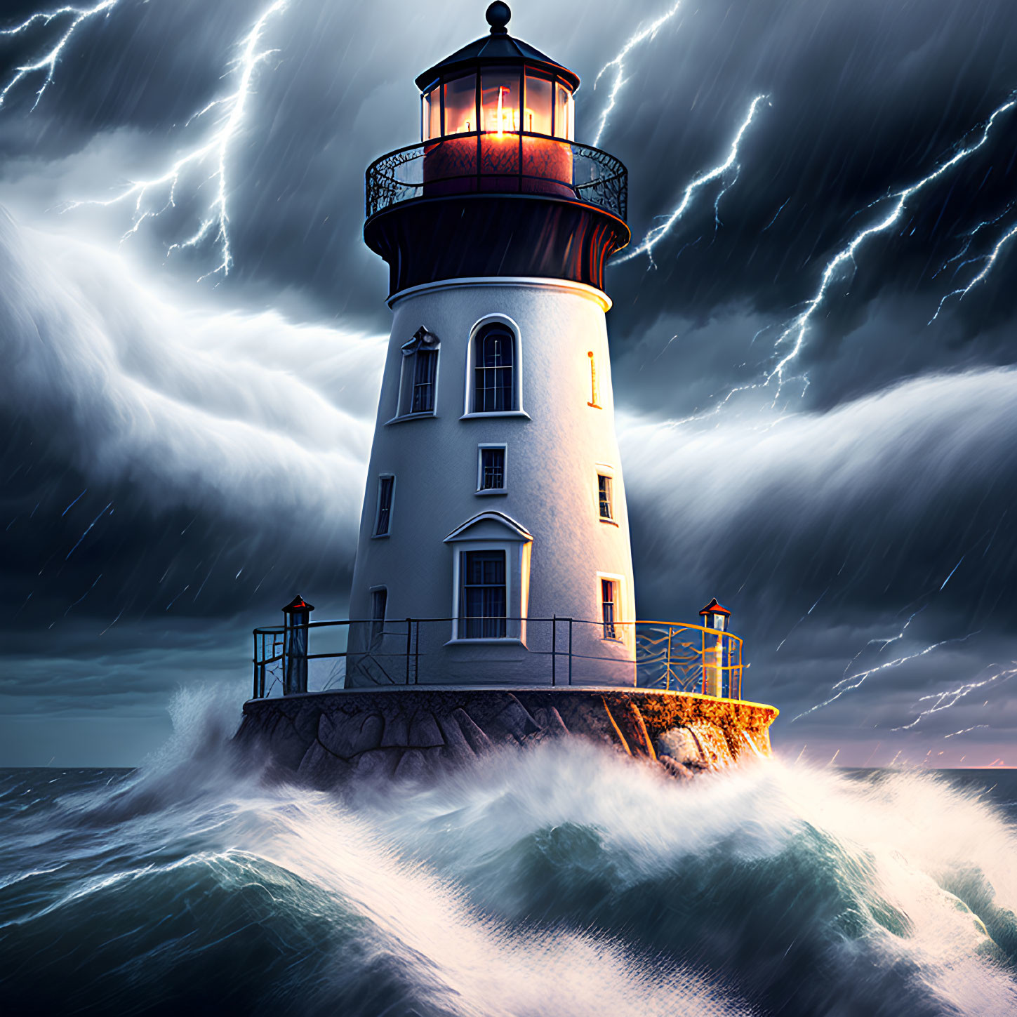 Dramatic seascape with resolute lighthouse and stormy sky