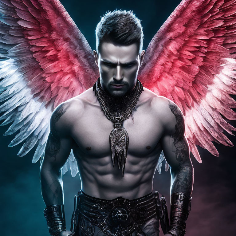 Muscular man with beard and red angel wings on blue backdrop.