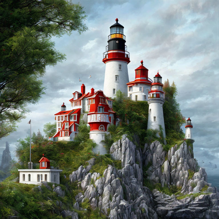 Cluster of Red and White Lighthouses on Craggy Cliffs with Greenery and Misty