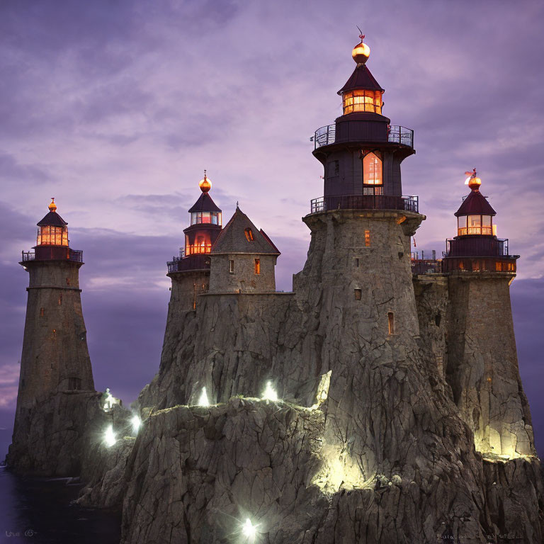 Majestic multi-tiered lighthouse on rugged cliffs at dusk