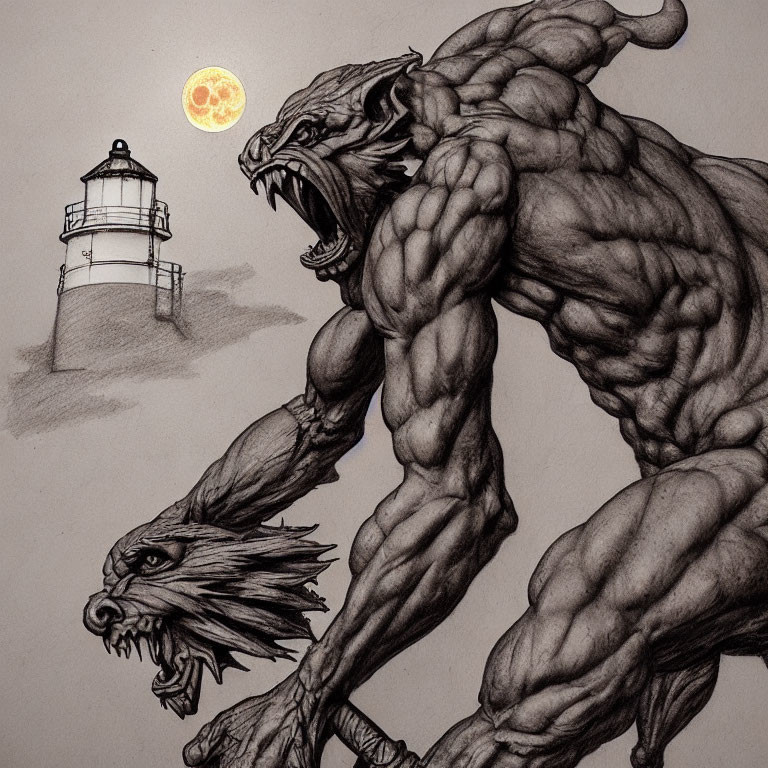 Muscular wolf-headed creature sketch howling by lighthouse under full moon.