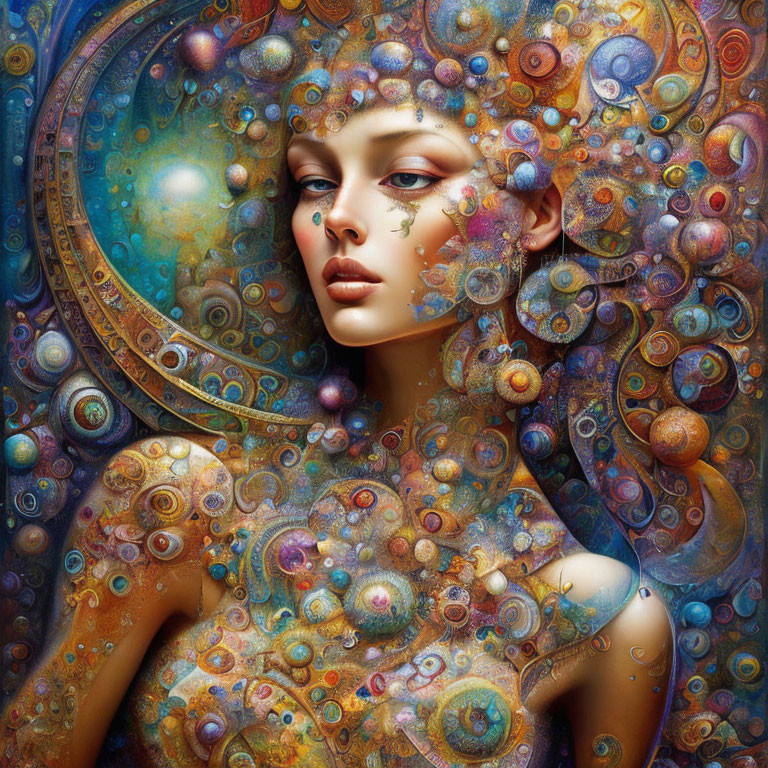 Intricate cosmic patterns on woman's portrait with colorful orbs