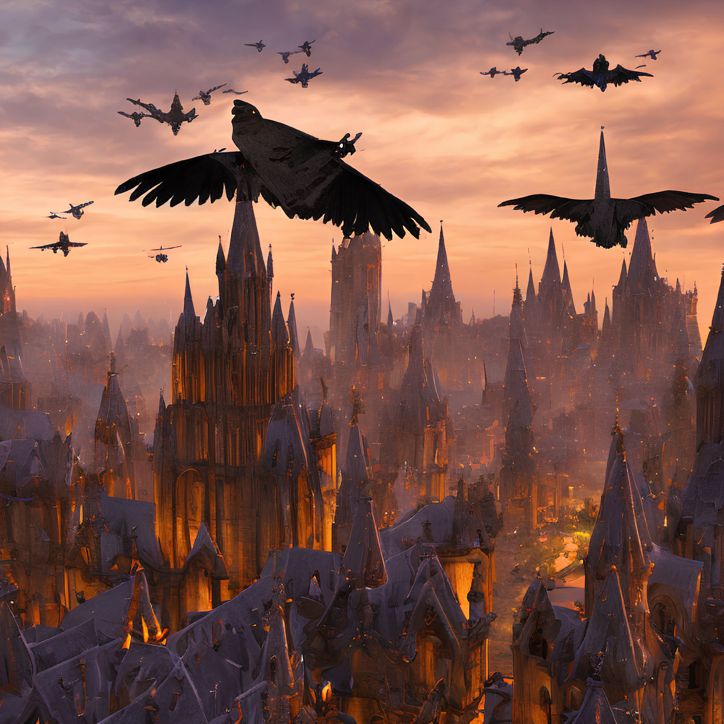 Flock of birds flying over gothic cityscape at dusk