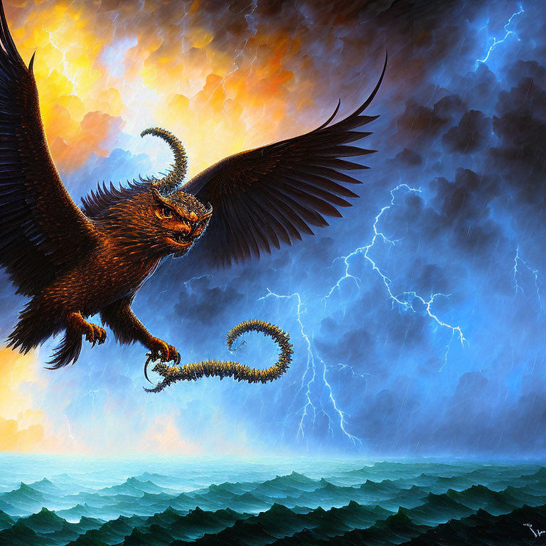 Mythological creature with ram horns flying over stormy seas