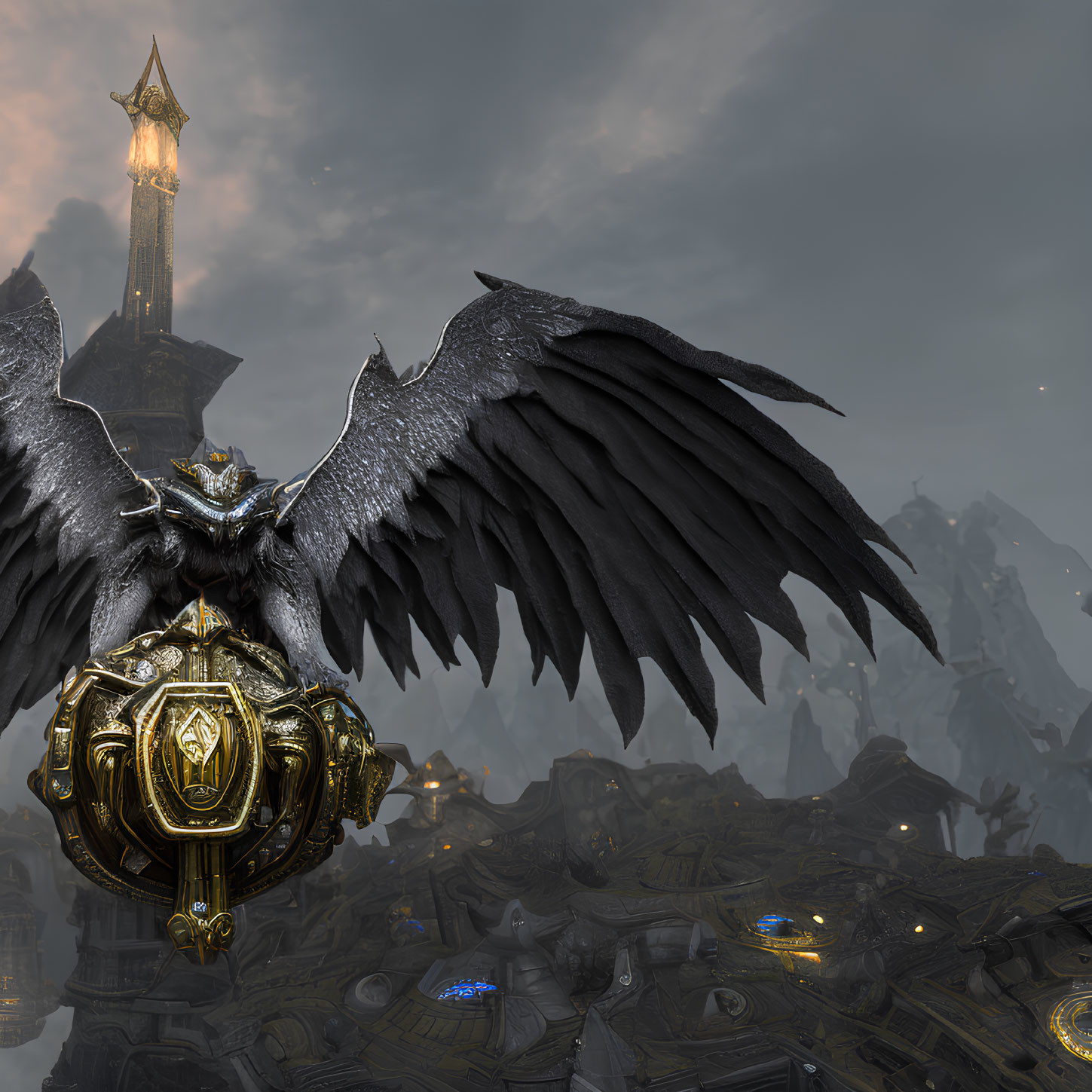 Majestic black-winged creature over dark dystopian cityscape