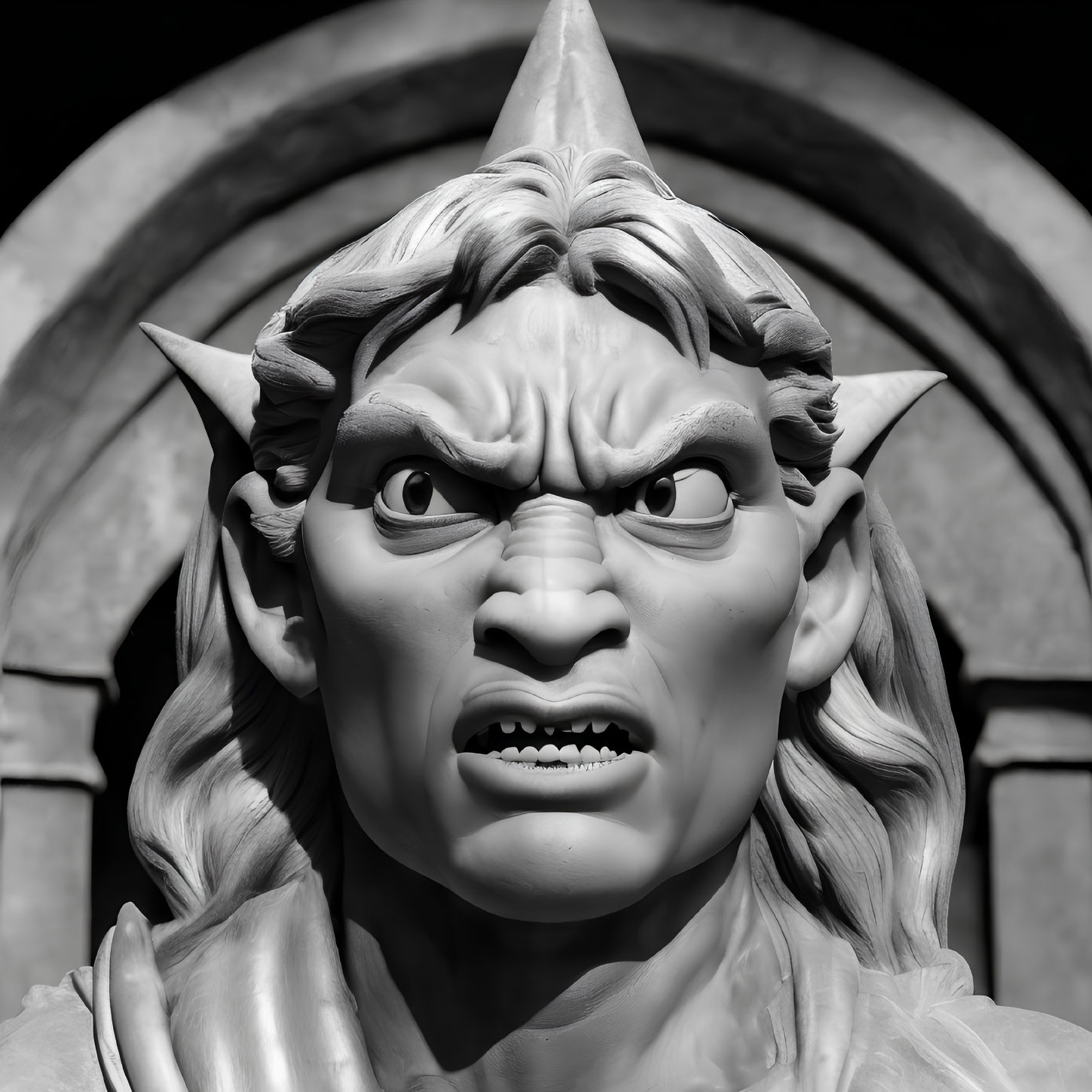 Monochrome snarling gargoyle sculpture with horns and angry expression