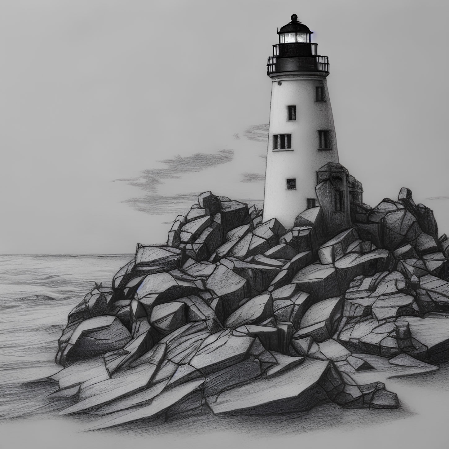Lighthouse pencil sketch on rugged rocks with beacon, against ocean backdrop