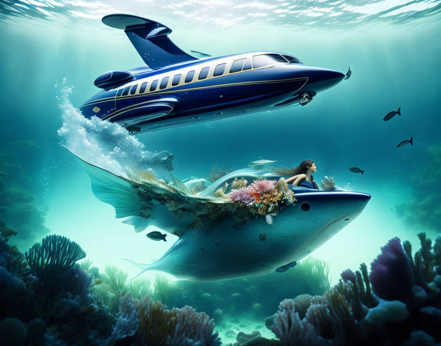 Woman riding large fish in underwater scene with flowers, airplane, coral & fish