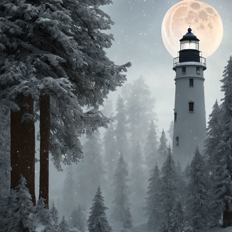 Snowy Trees Surround Lighthouse Under Full Moon