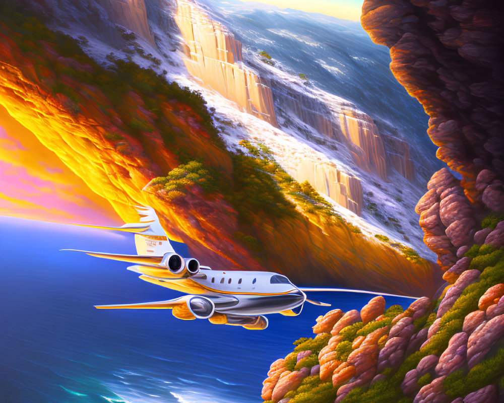 Jet soaring over vibrant canyon with waterfalls and sunlit cliffs