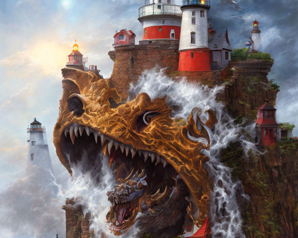 Fantastical scene of lighthouses on rugged cliff with roaring dragon and waterfalls
