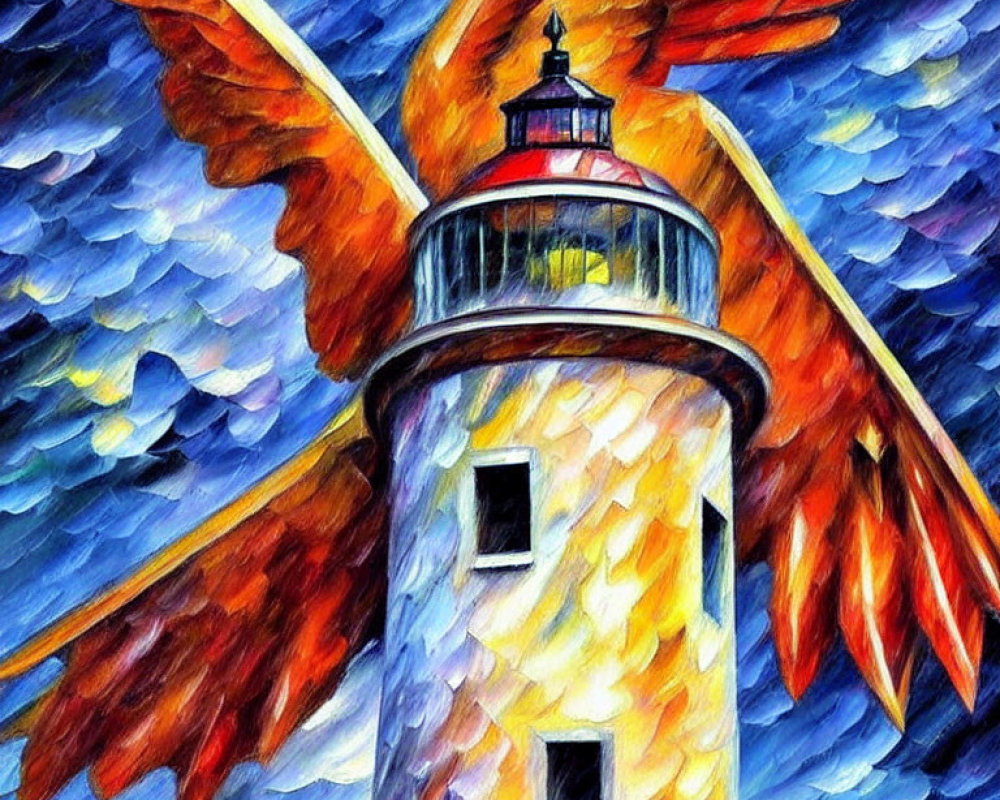 Colorful Lighthouse Painting with Abstract Wings in Blue Sky
