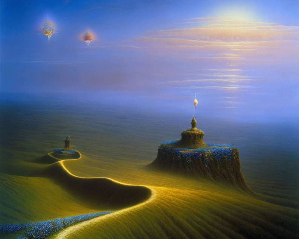 Surreal landscape with winding path to illuminated lighthouse