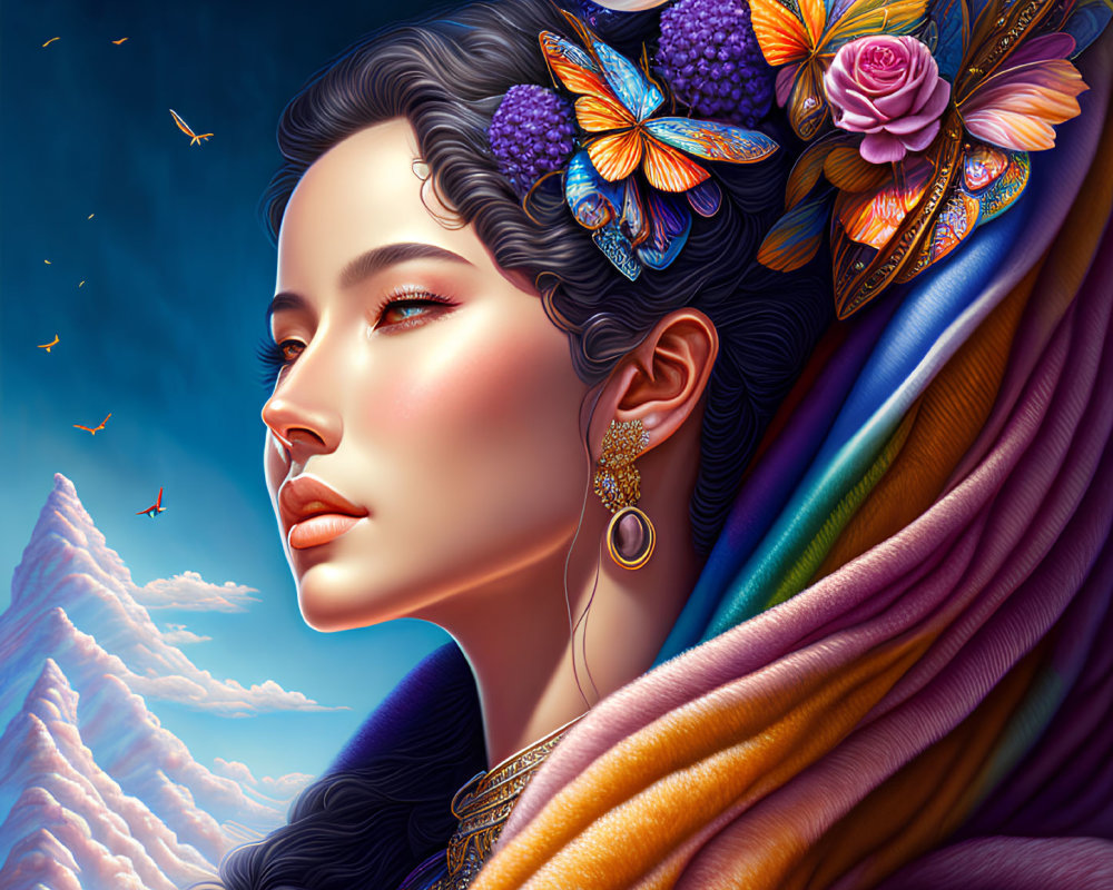 Colorful Digital Artwork of Woman with Floral Hair Adornments