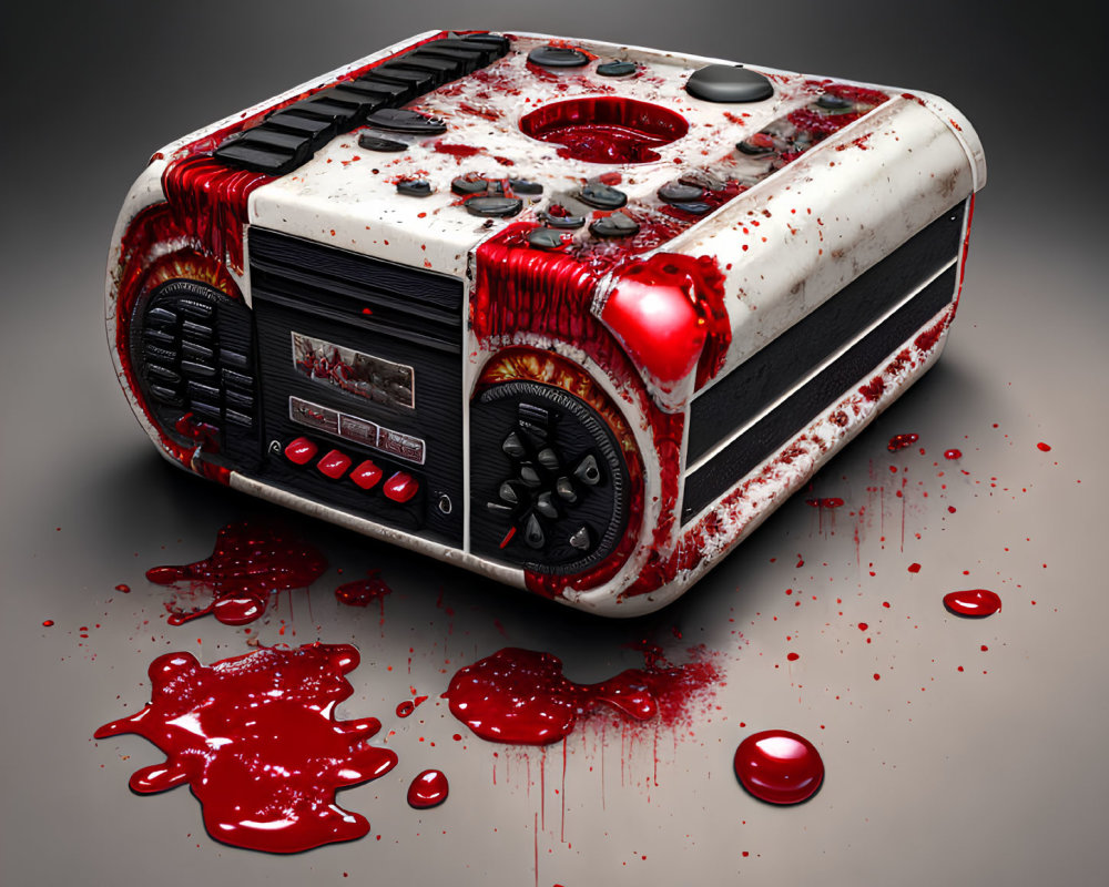 Vintage Red and White Radio with Blood Splatter on Grey Background
