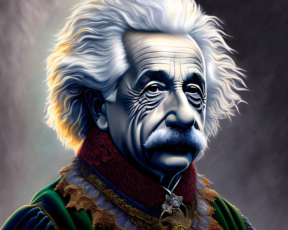 Digital portrait of man with white hair and mustache in Renaissance attire