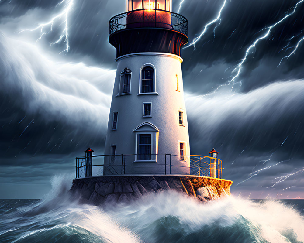 Dramatic seascape with resolute lighthouse and stormy sky