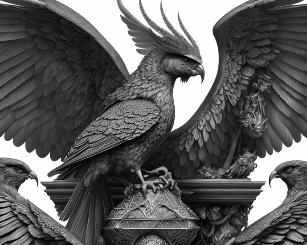 Detailed black-and-white fantasy eagle illustration on ornate pillar with two companions