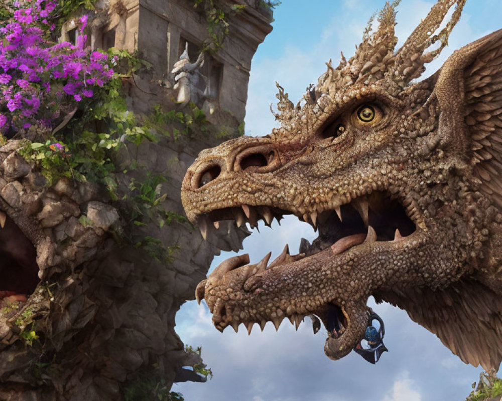 Detailed digital artwork: Giant dragon with horns, armored knight on rocky structure with purple flowers.