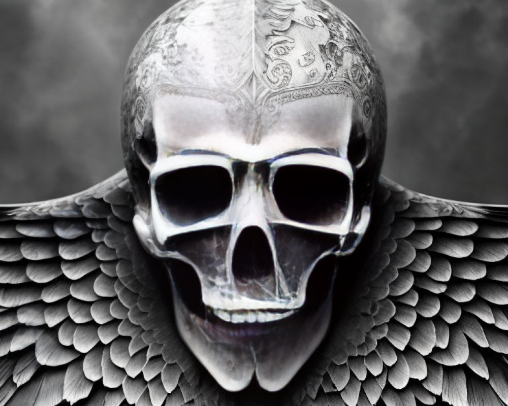 Monochromatic skull image with intricate patterns and feathered wings