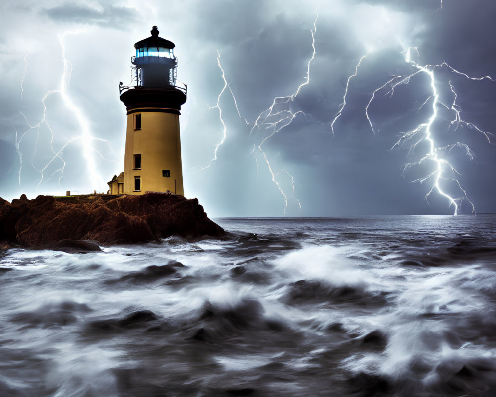 Stormy Sky and Lightning Strikes at Rugged Coastline