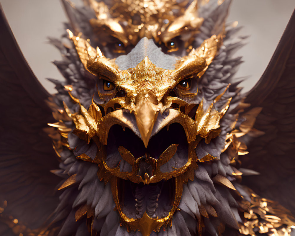 Detailed Fantasy Style Eagle Mask with Gold Embellishments & Feathers