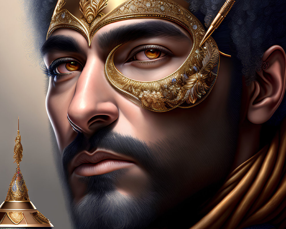 Detailed digital portrait of a man with golden ornamental headgear and eyepatch, exuding reg