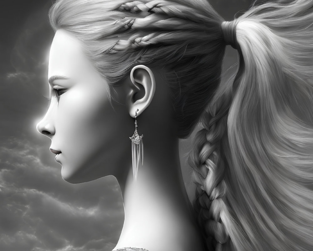Monochrome side profile of woman with braided hair and earring against cloudy sky.