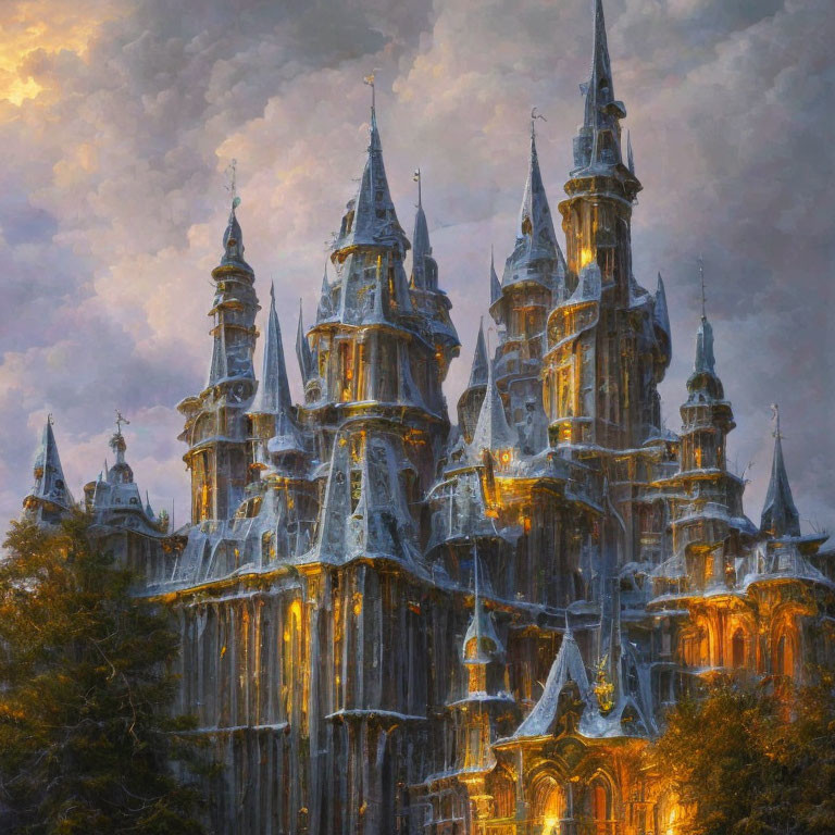 Majestic fairytale castle with spires under dramatic sunset sky