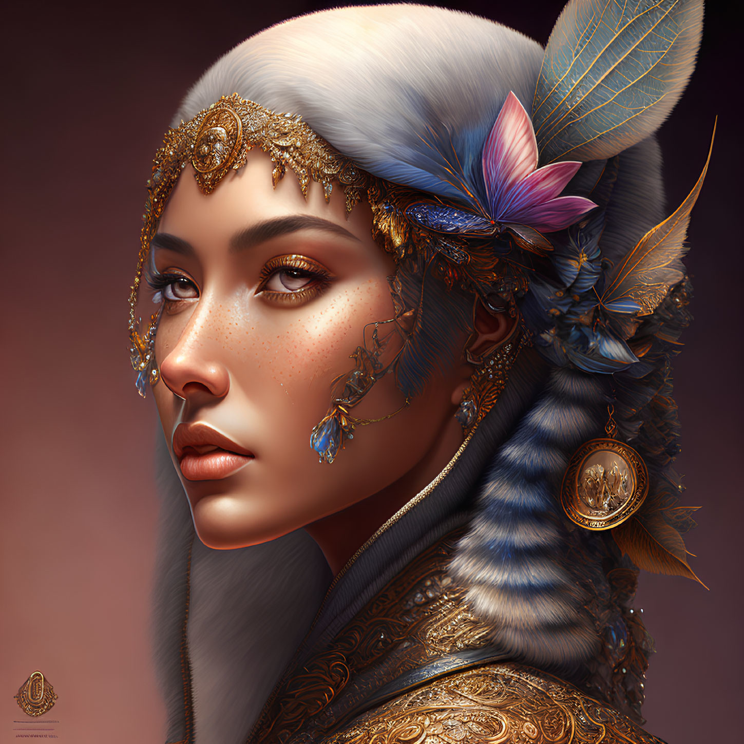 Digital portrait of woman with ornate headdress: gold accents, feathers, jewels. Elegance