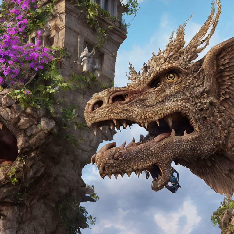 Detailed digital artwork: Giant dragon with horns, armored knight on rocky structure with purple flowers.