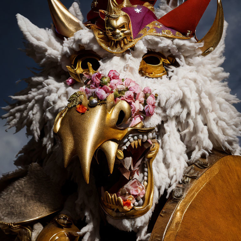 Ornate dragon mask with jester's hat and flowers against blue sky